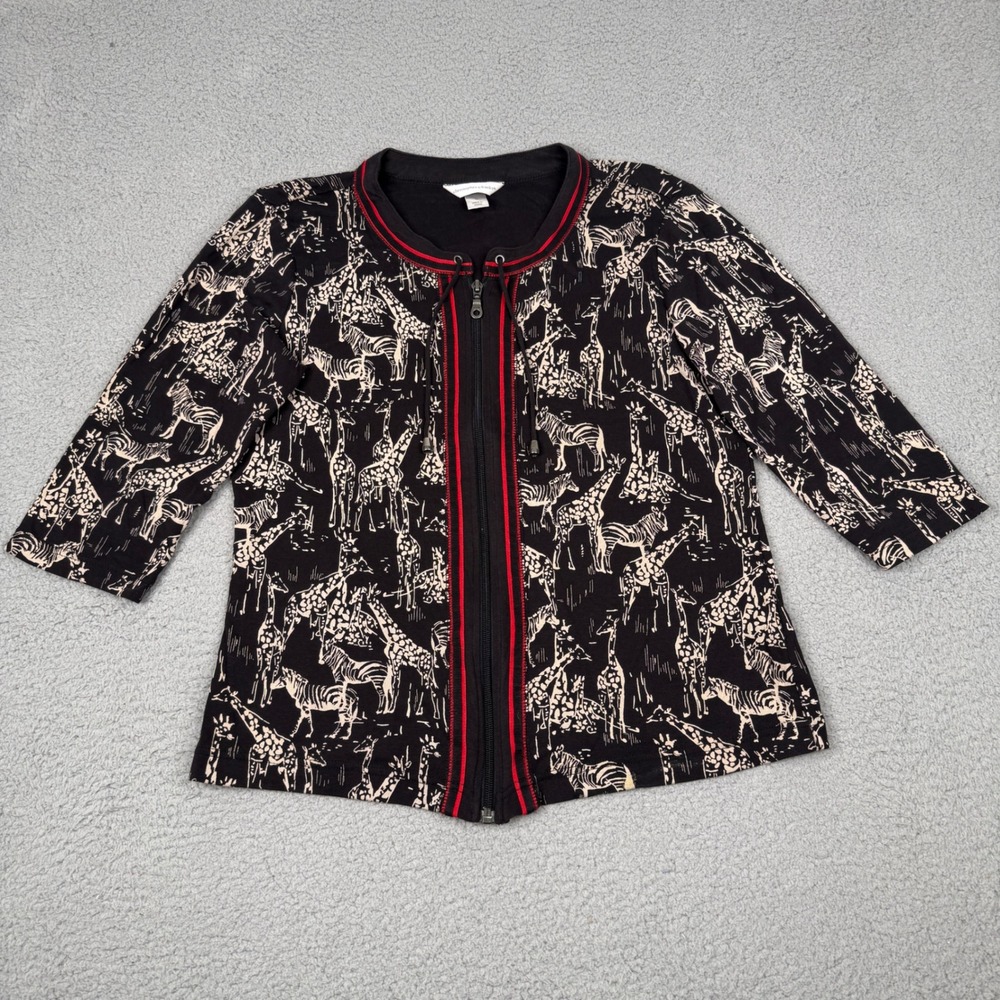 Christopher & Banks Cardigan Womens Medium Black Safari Giraffe Zebra Zip Up